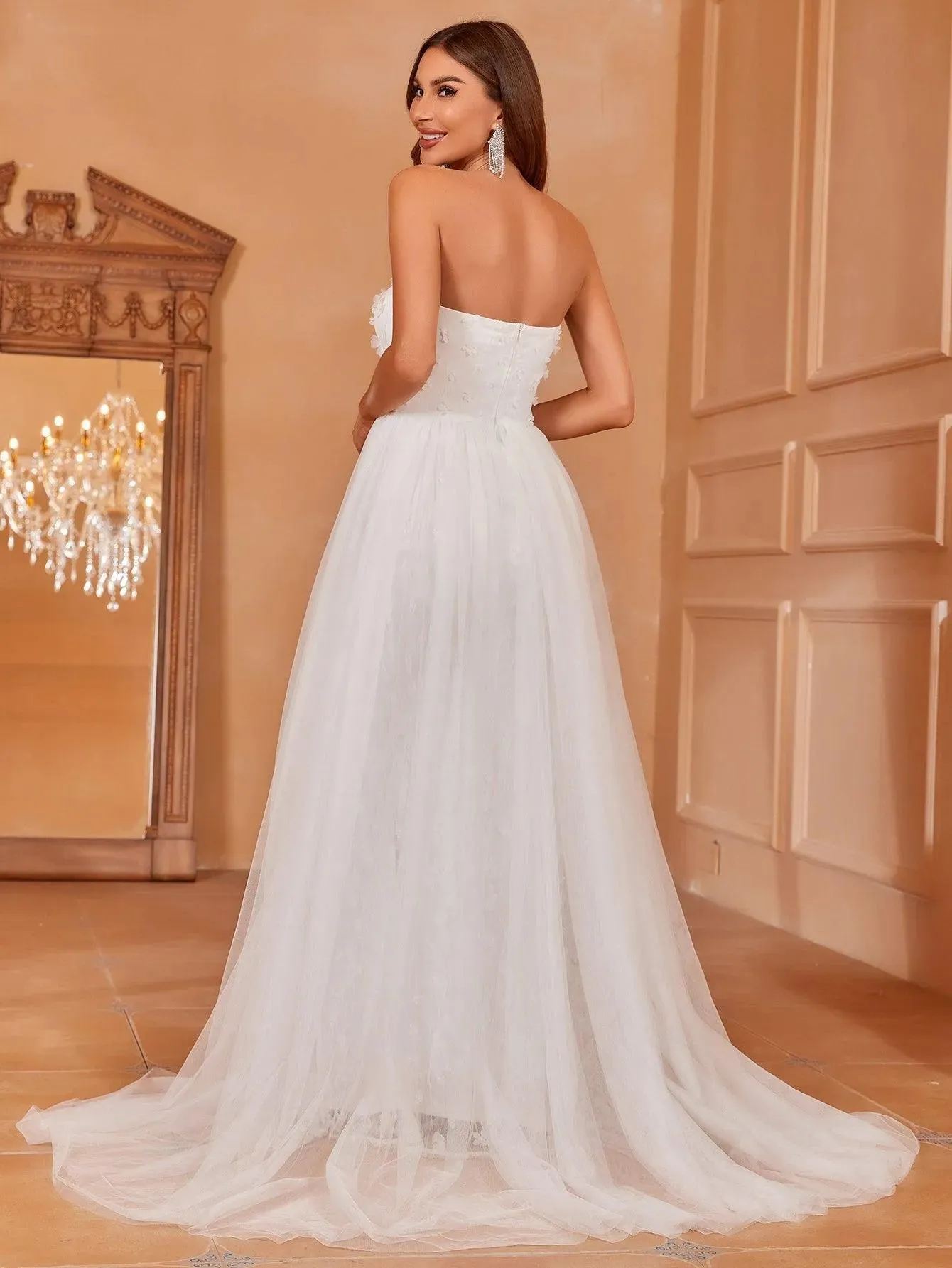 Floral Applique Mesh Overlay Tube Wedding Dress