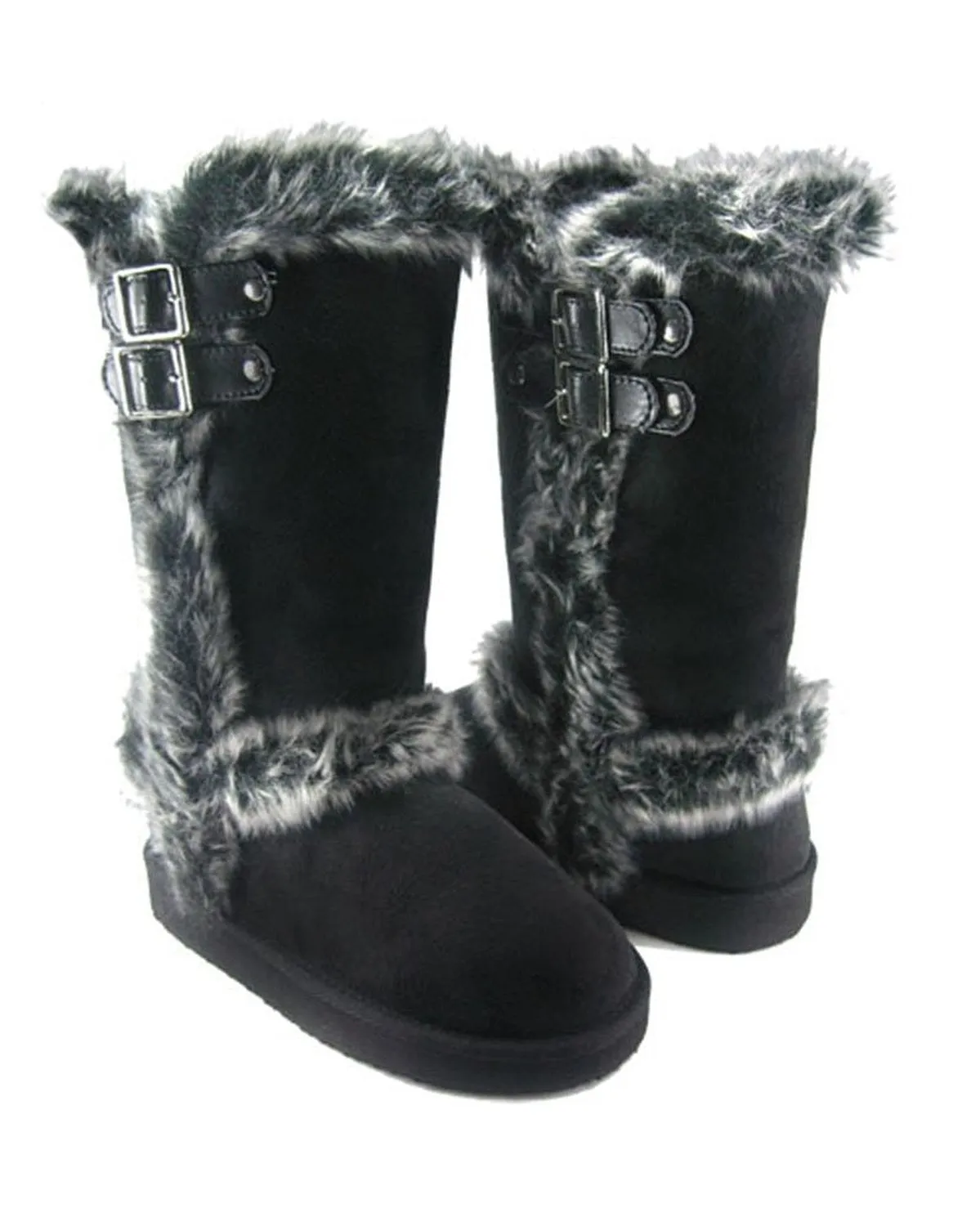 Furry Shearling Faux Suede Double Buckle Boots Vegan