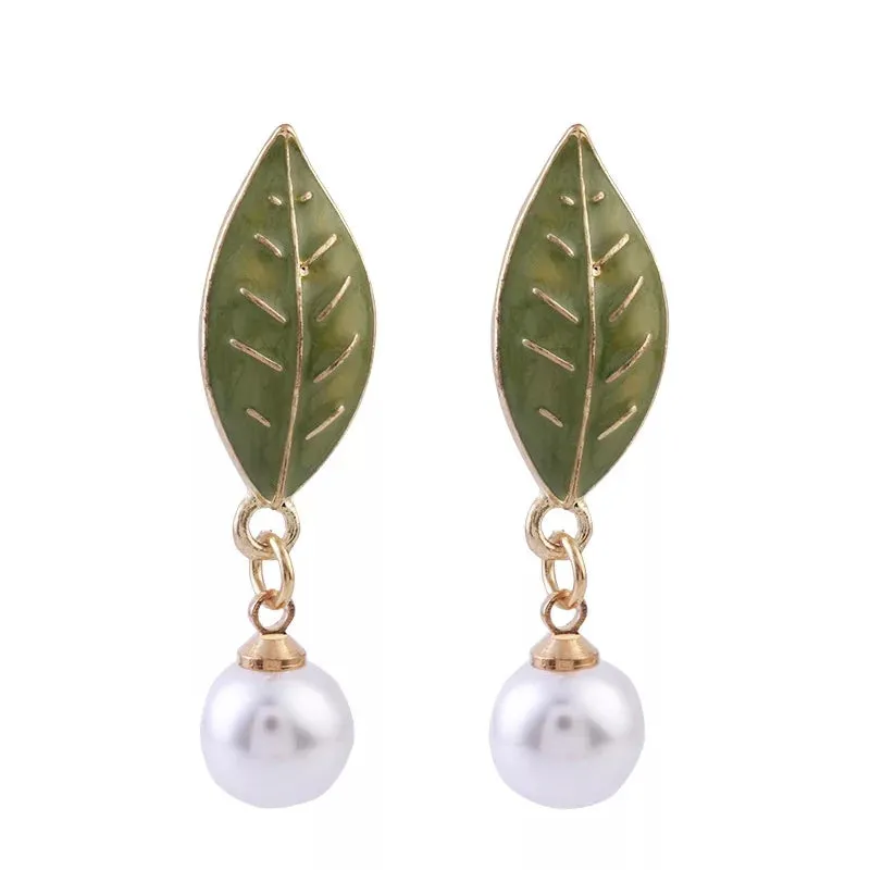 Green Enamel Leaf Pearl Drop Earring