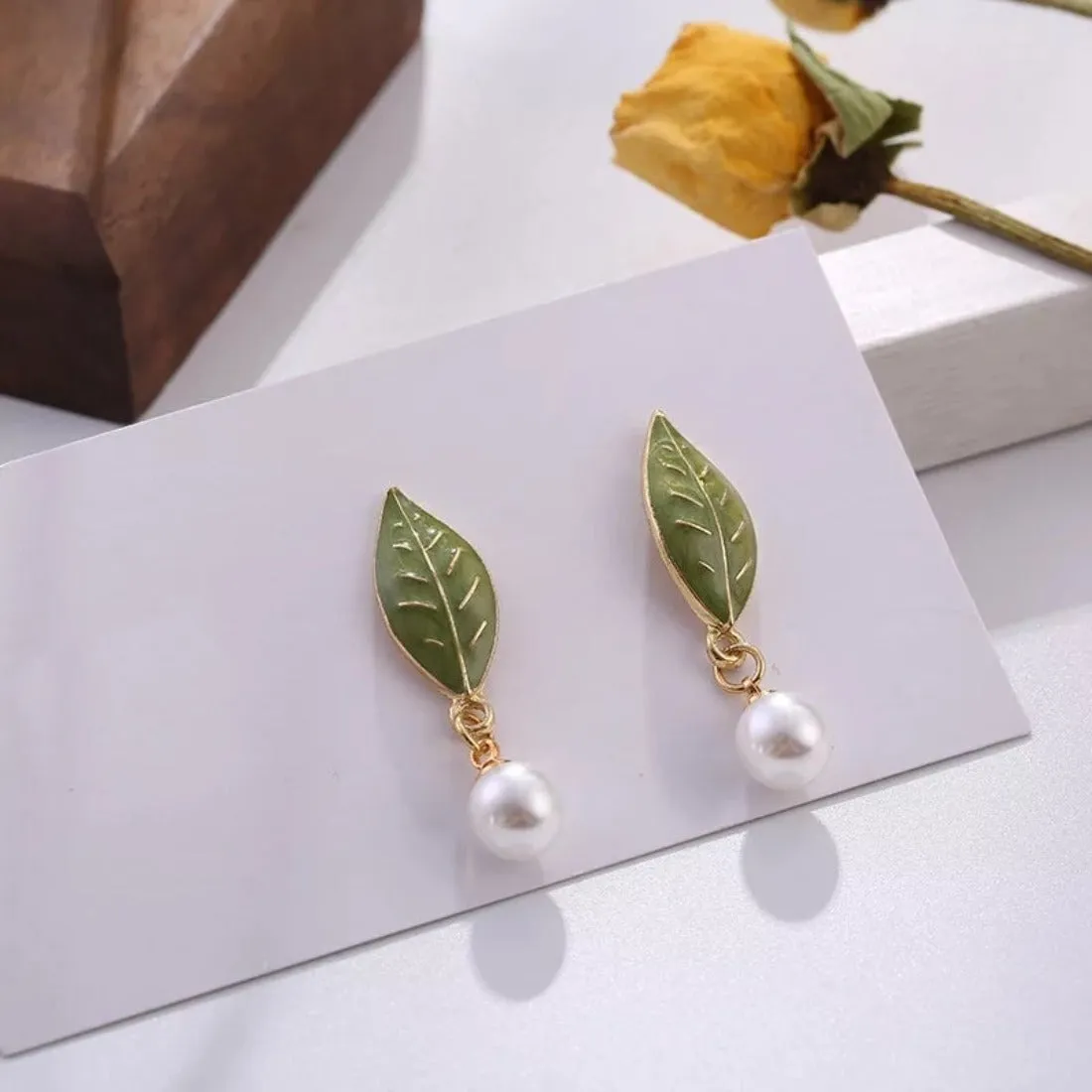 Green Enamel Leaf Pearl Drop Earring