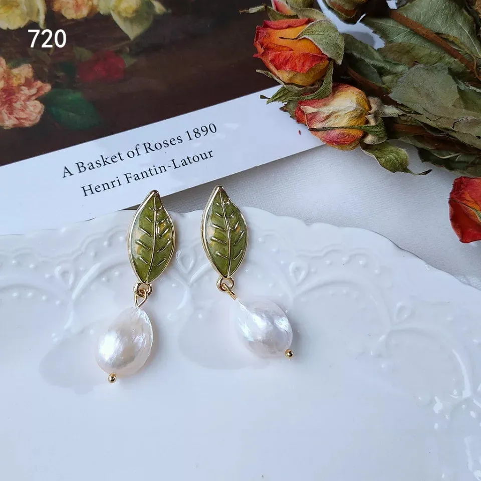 Green Enamel Leaf Pearl Drop Earring