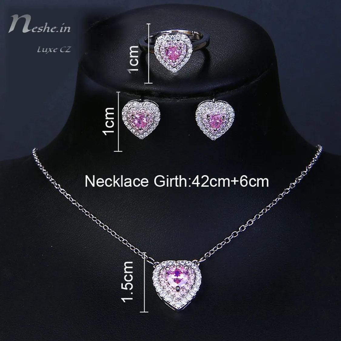 Heart Shape Pink CZ Crystal Necklace Earring & Adjustable Ring Set