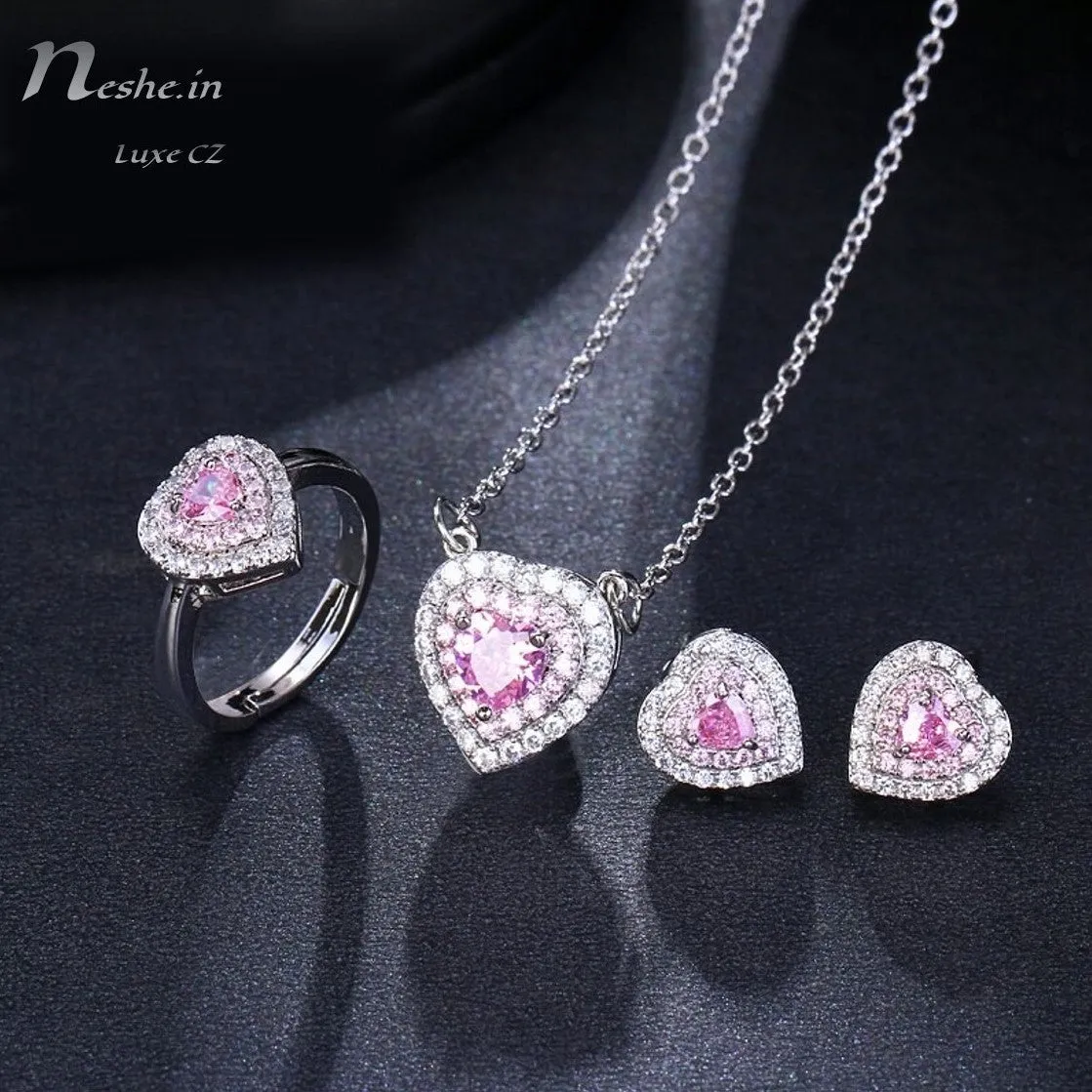 Heart Shape Pink CZ Crystal Necklace Earring & Adjustable Ring Set