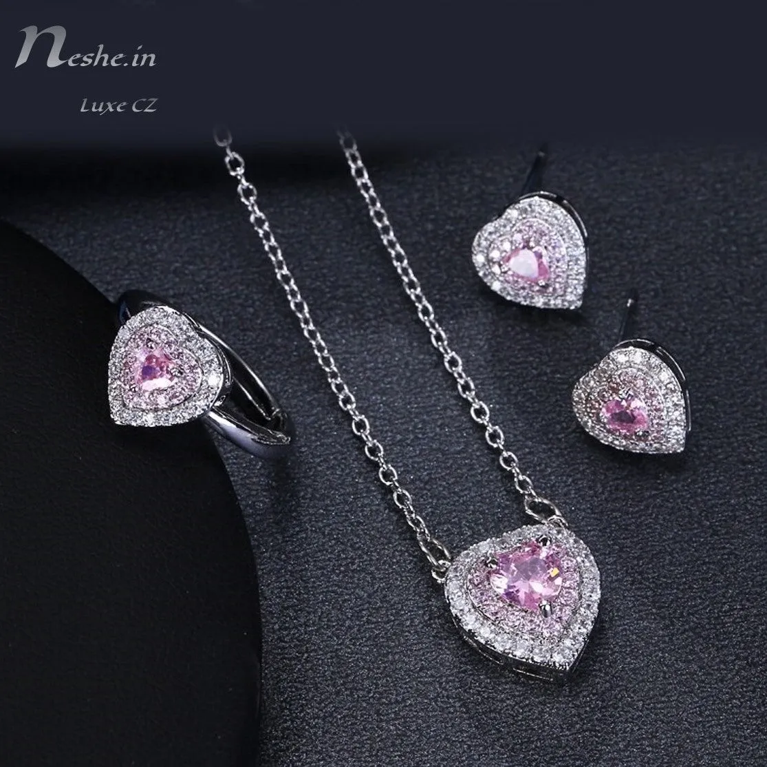 Heart Shape Pink CZ Crystal Necklace Earring & Adjustable Ring Set