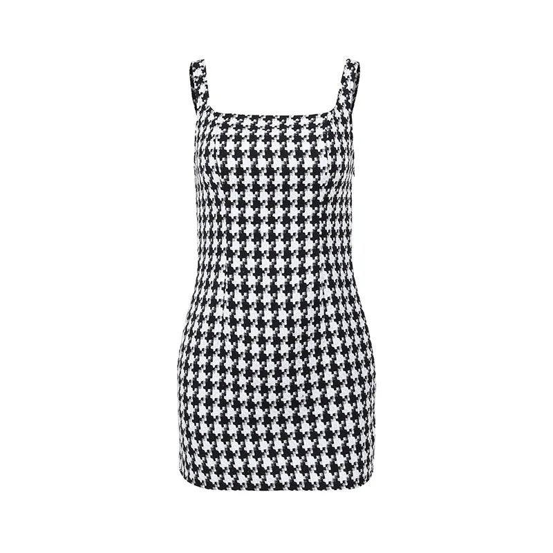 Houndstooth Square Neck Dress Summer New Woolen Women Temperament Slim Short Skirt