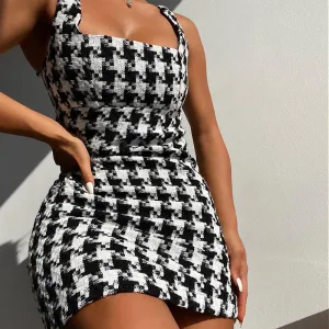 Houndstooth Square Neck Dress Summer New Woolen Women Temperament Slim Short Skirt