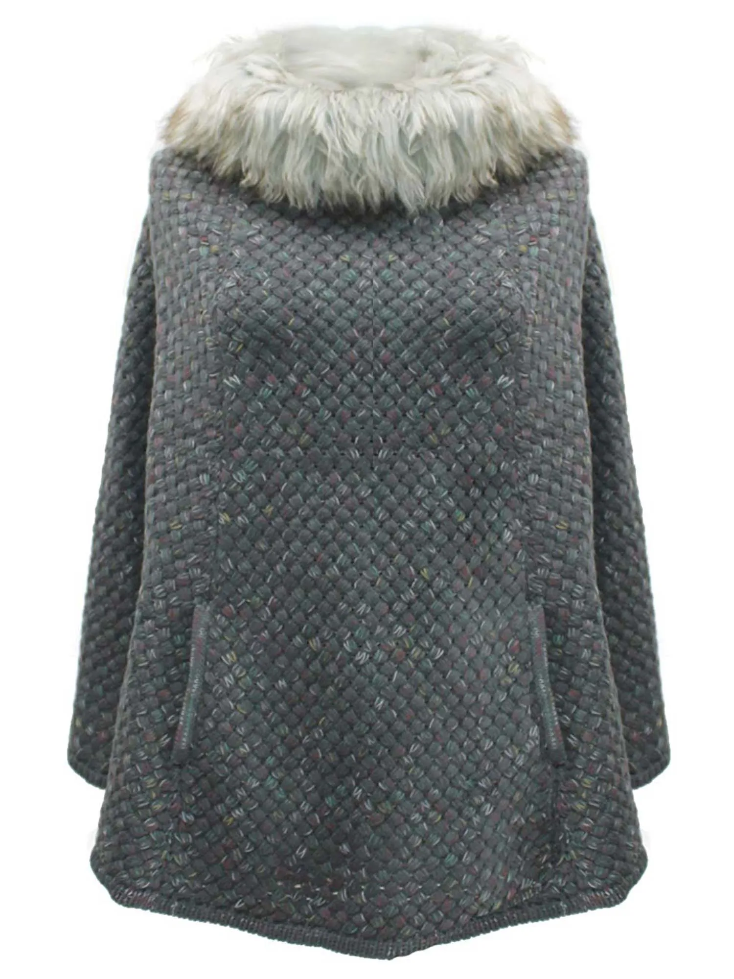 Knit Poncho With Faux Fur Neckline