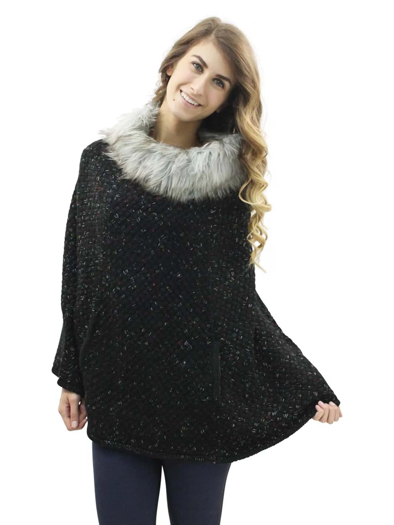 Knit Poncho With Faux Fur Neckline