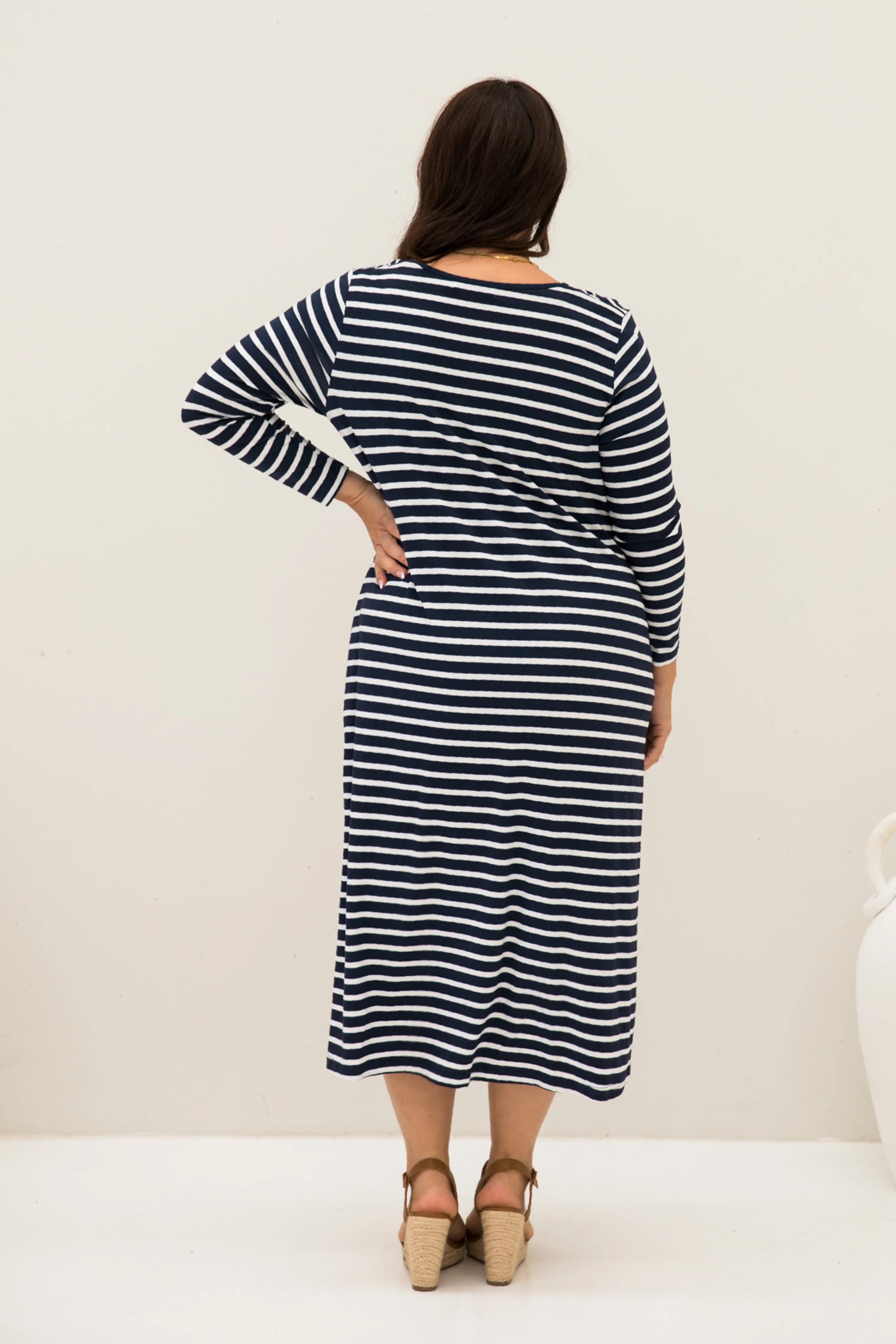 Long Sleeve T-Shirt Dress in Navy/White Stripe