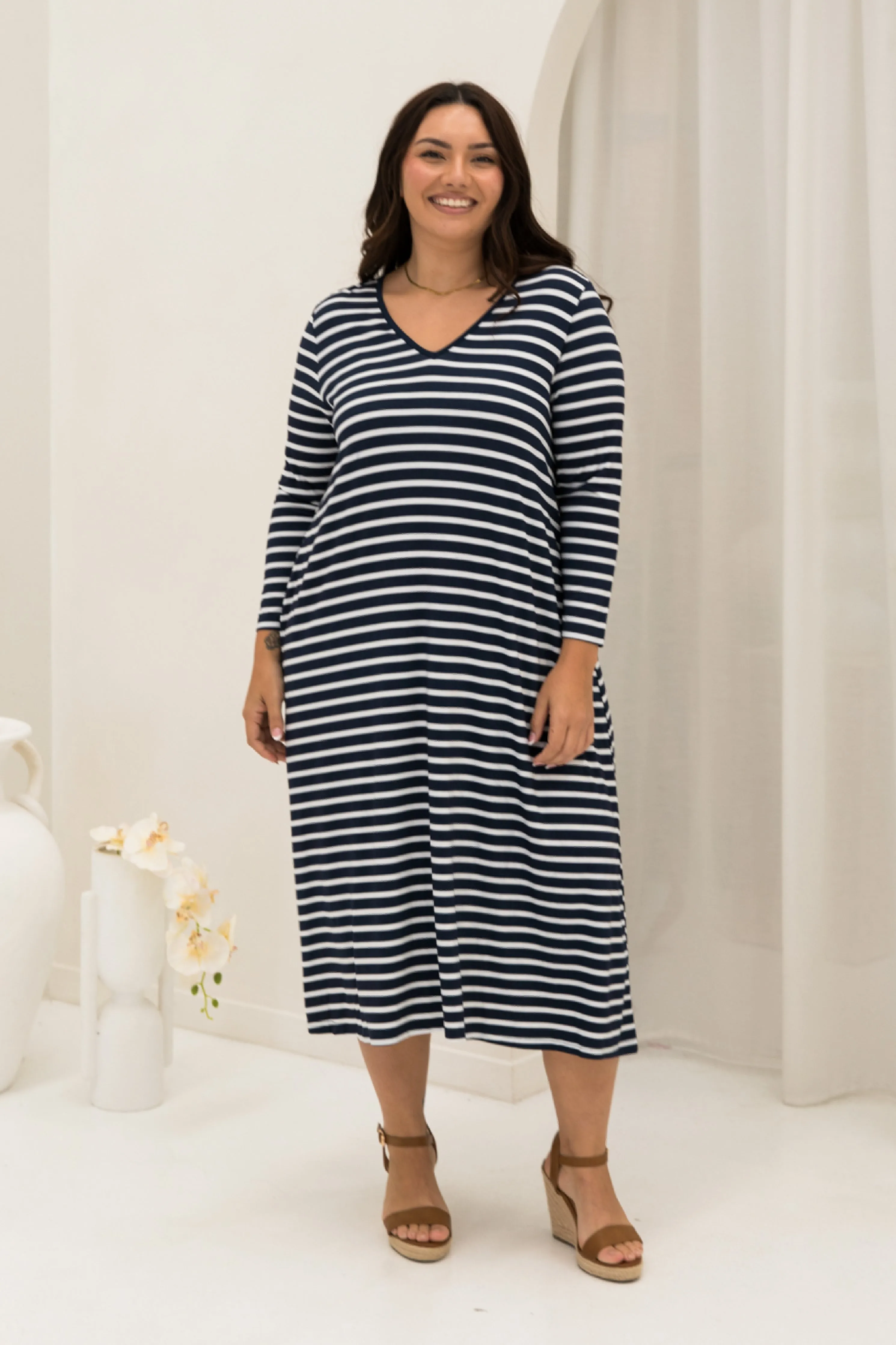 Long Sleeve T-Shirt Dress in Navy/White Stripe