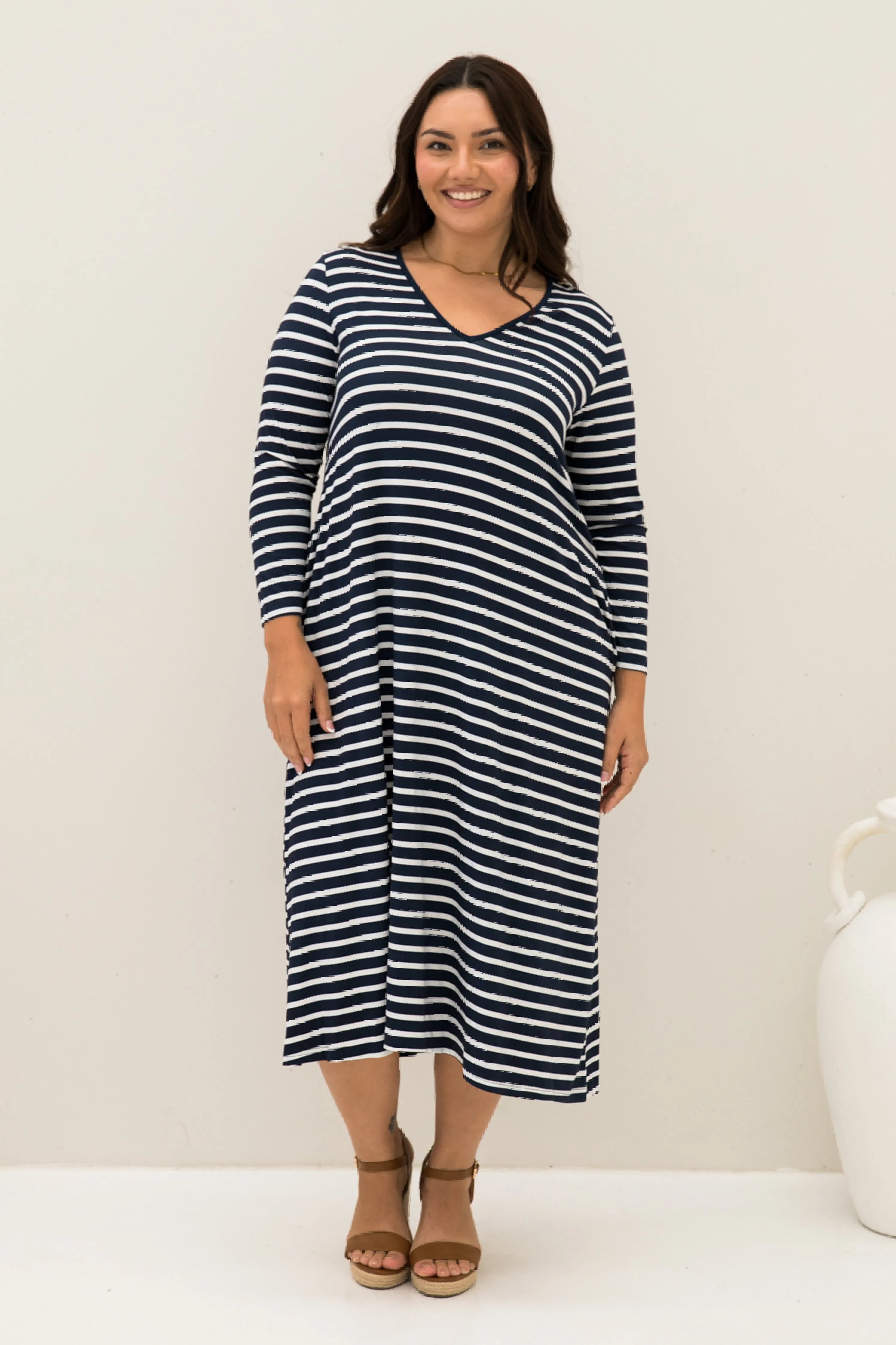 Long Sleeve T-Shirt Dress in Navy/White Stripe