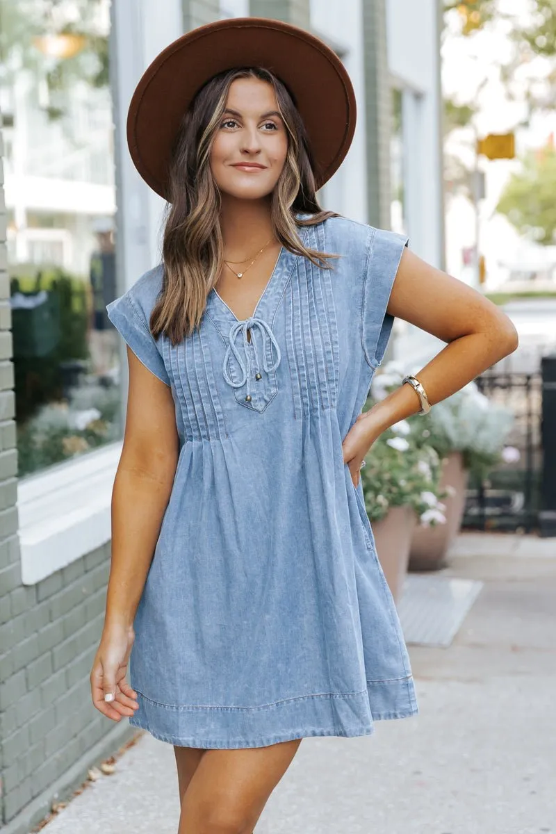 Made For You Denim Pleated Mini Dress