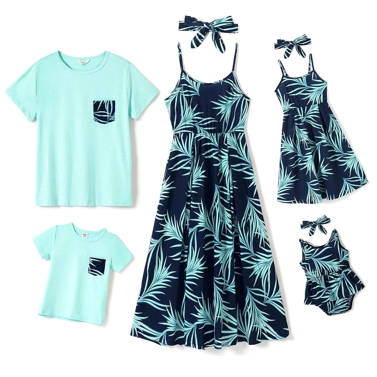 Matching Family Outfit - Turquoise Summer Set - Palm Leaf Tank Dresses, T-Shirts & Romper