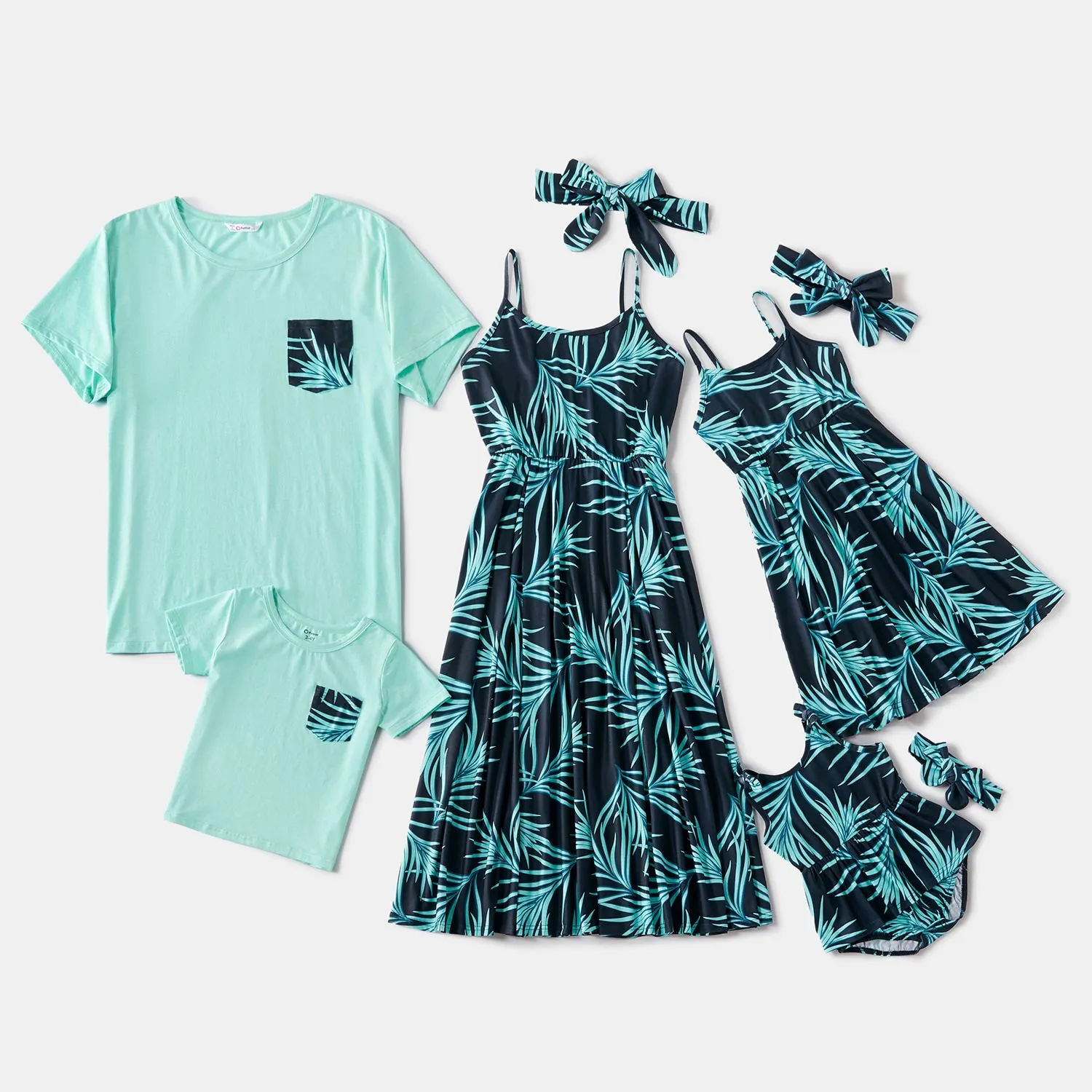 Matching Family Outfit - Turquoise Summer Set - Palm Leaf Tank Dresses, T-Shirts & Romper