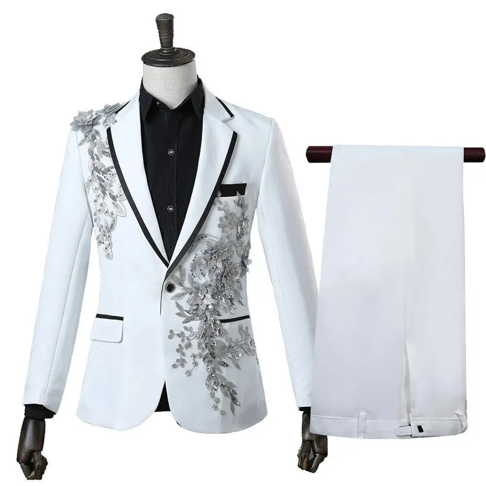 Mens 2 Piece Formal Embroidered Smart Fit Suit Flashing Sequins Crystal Blazers Coat Prom Party Tuxedo Costume Wedding Outfit