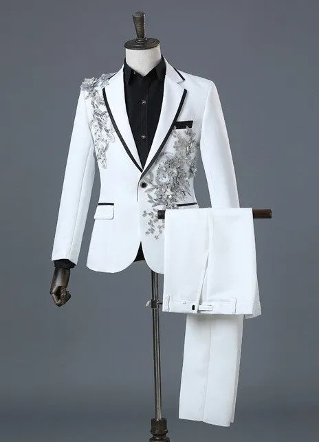 Mens 2 Piece Formal Embroidered Smart Fit Suit Flashing Sequins Crystal Blazers Coat Prom Party Tuxedo Costume Wedding Outfit