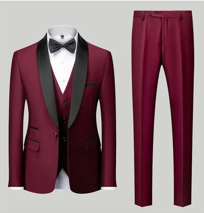 Men's 3 Pieces Suits Smart Fit Formal Business Wedding Tuxedo Blazer Vest & Trouser Set | Available in 11 Colours