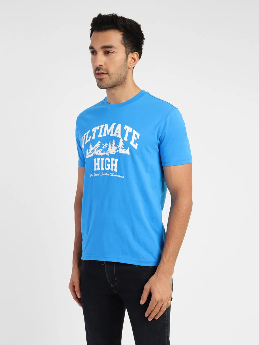 Men's Blue Typography Printed Crew Neck T-Shirt