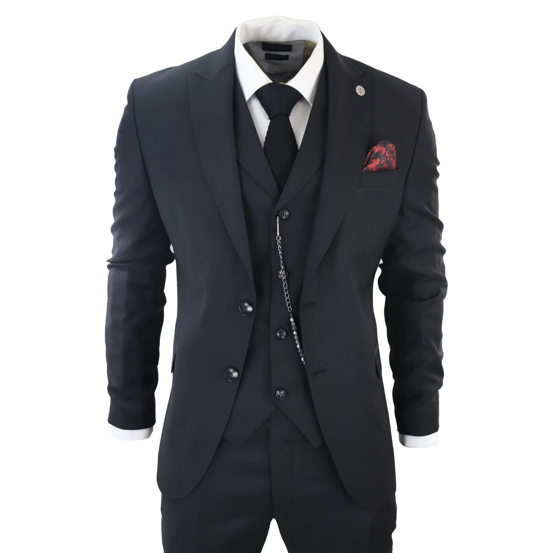 Mens Classic 3 Piece Suit Black Pocket Chain Wedding Tailored Fit Vintage Formal