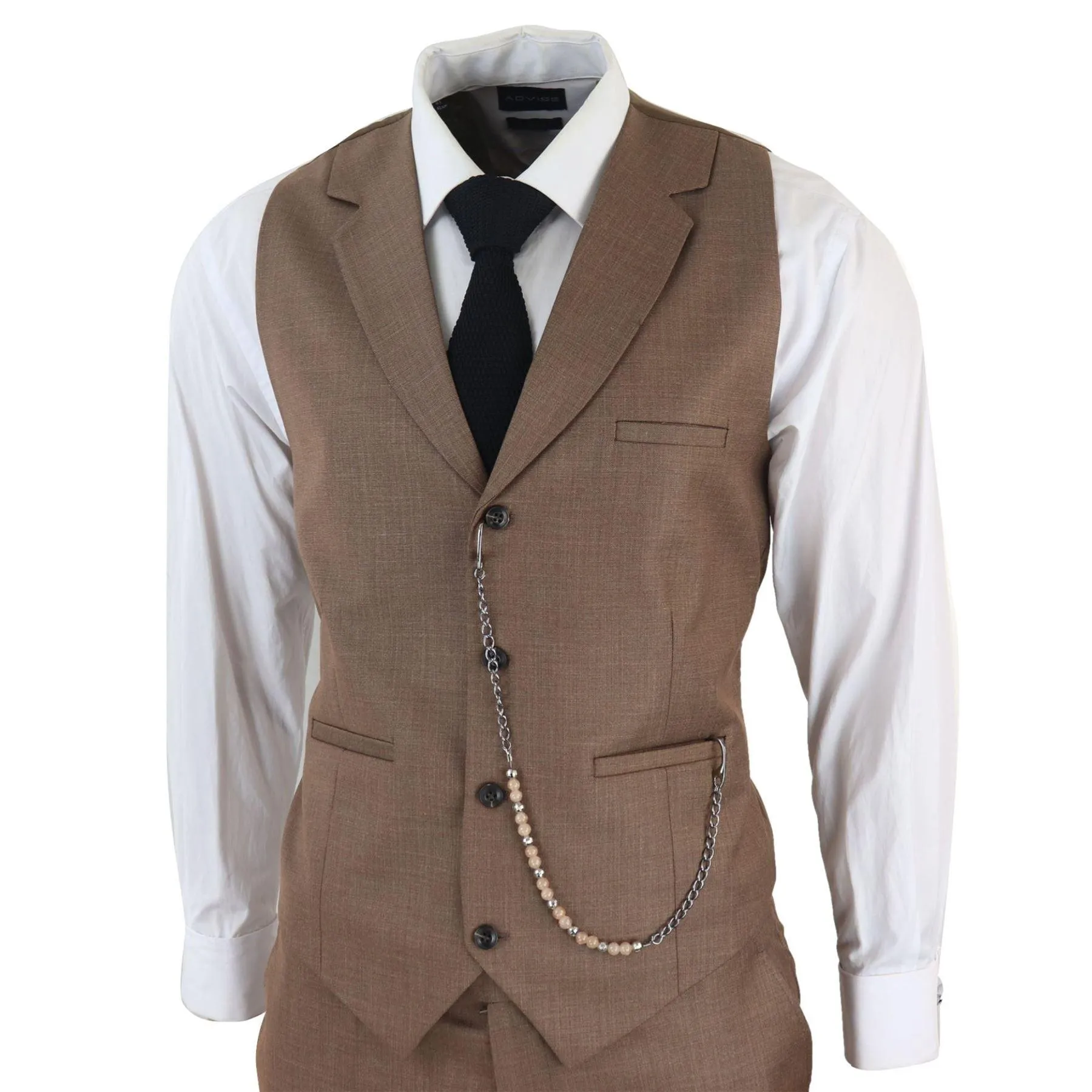 Mens Classic 3 Piece Suit Brown Pocket Chain Wedding Tailored Fit Vintage Formal