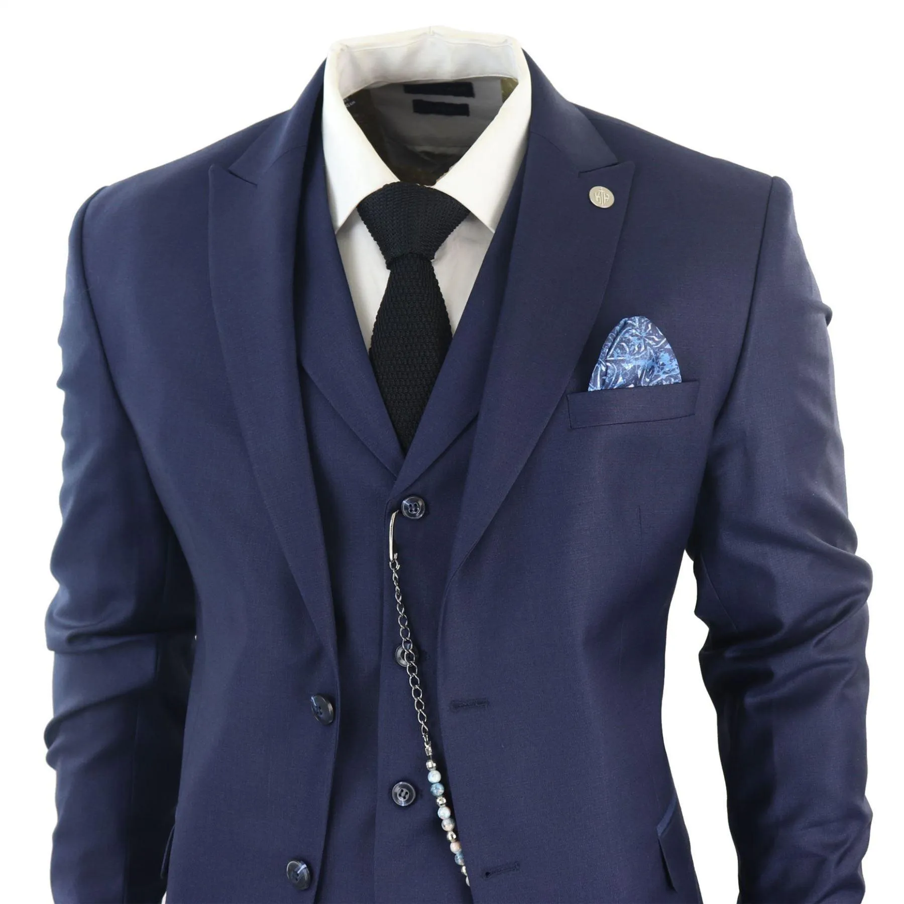 Mens Classic 3 Piece Suit Navy Blue Pocket Chain Wedding Tailored Fit Vintage Formal