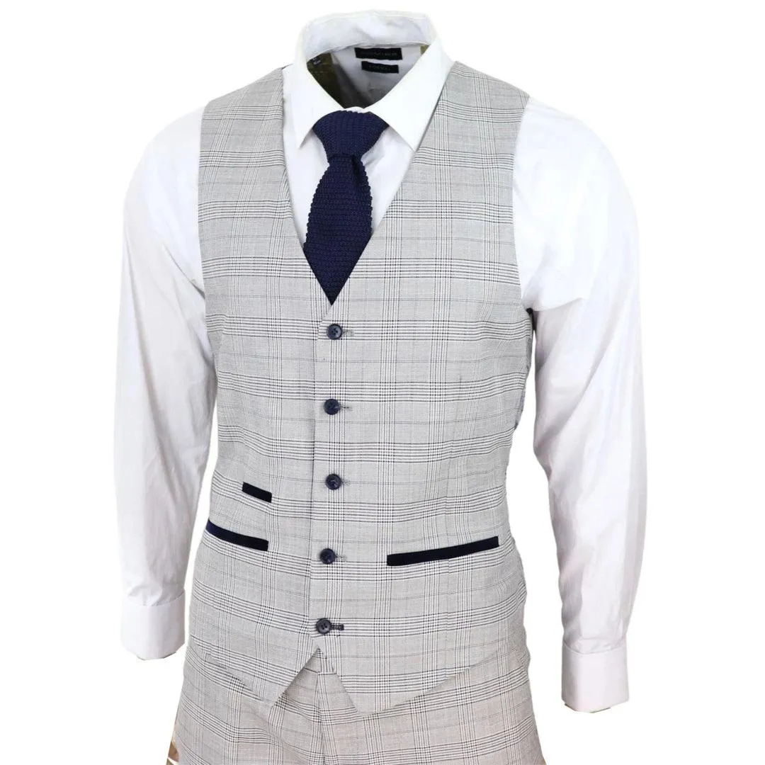 Mens Light Grey 3 Piece Suit Navy Blue Check Velvet Trims Wedding Tailored Fit Classic