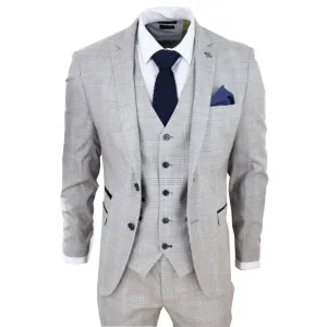 Mens Light Grey 3 Piece Suit Navy Blue Check Velvet Trims Wedding Tailored Fit Classic