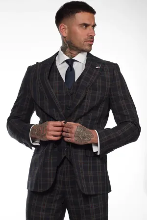 Men's Navy Blue 3 Piece Check Suit Formal Business Dress Suits