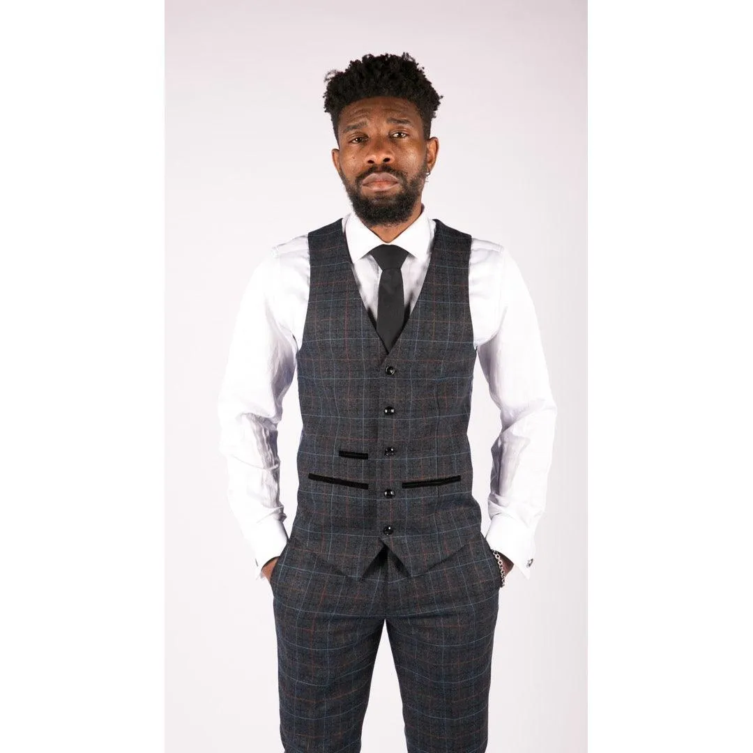 Mens Navy Blue Tweed Check 3 Piece Suit Double Breasted Waistcoat Vintage