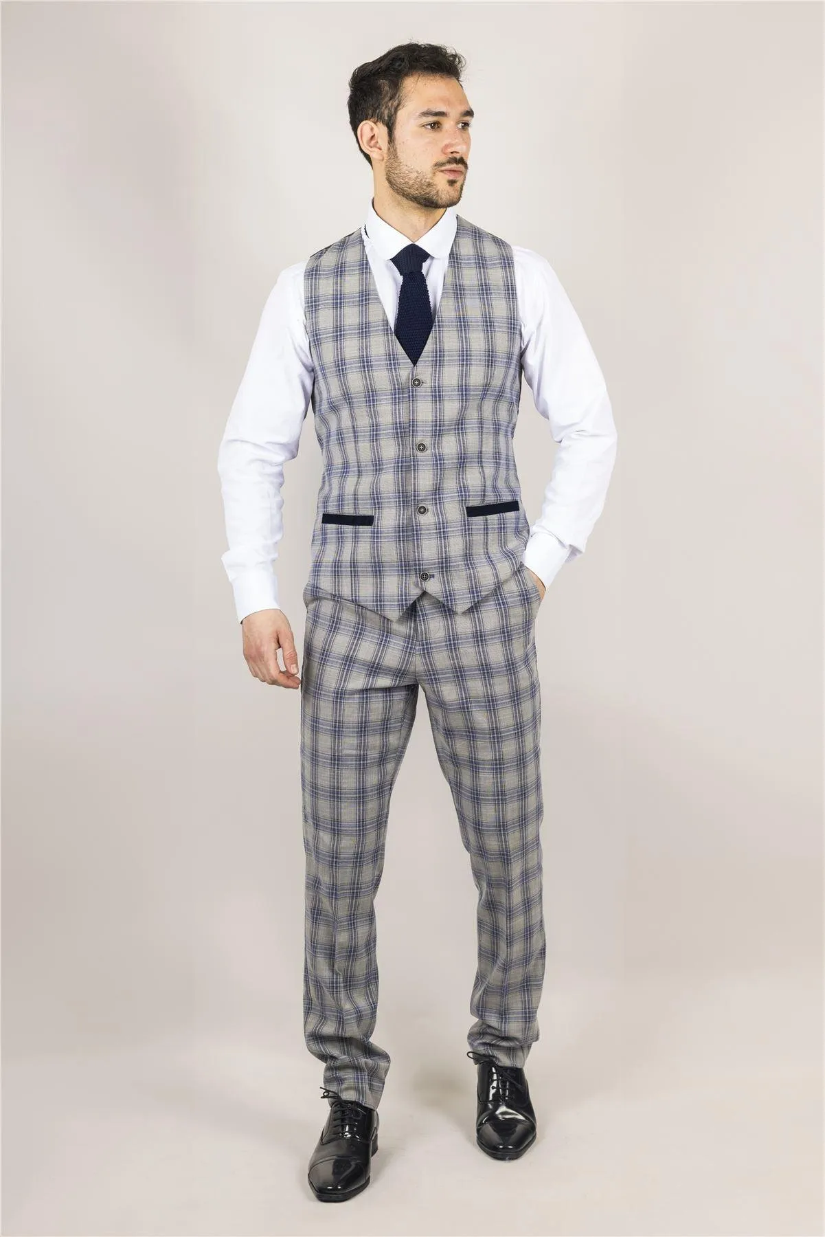 Men's Waistcoat Grey Blue Checked Tailored Fit Vest