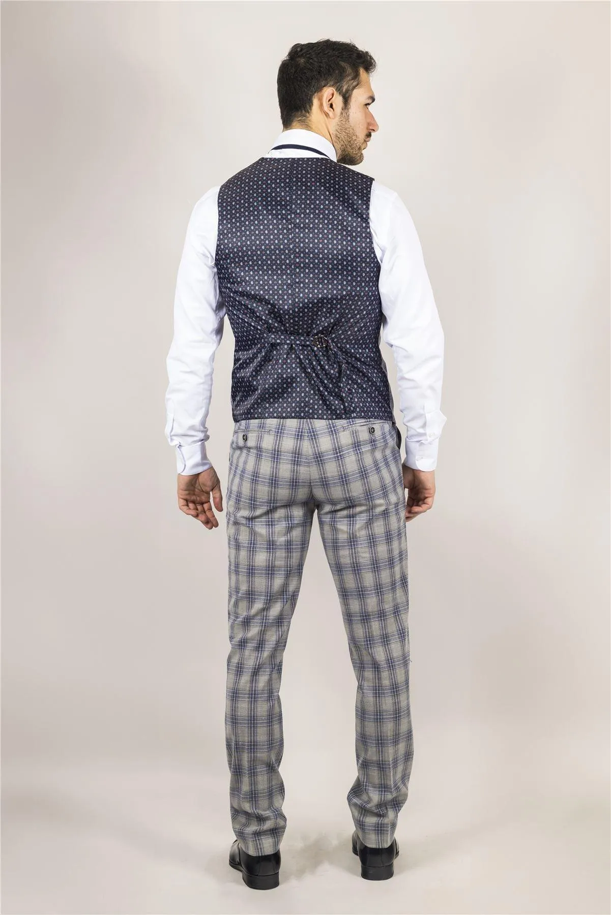 Men's Waistcoat Grey Blue Checked Tailored Fit Vest