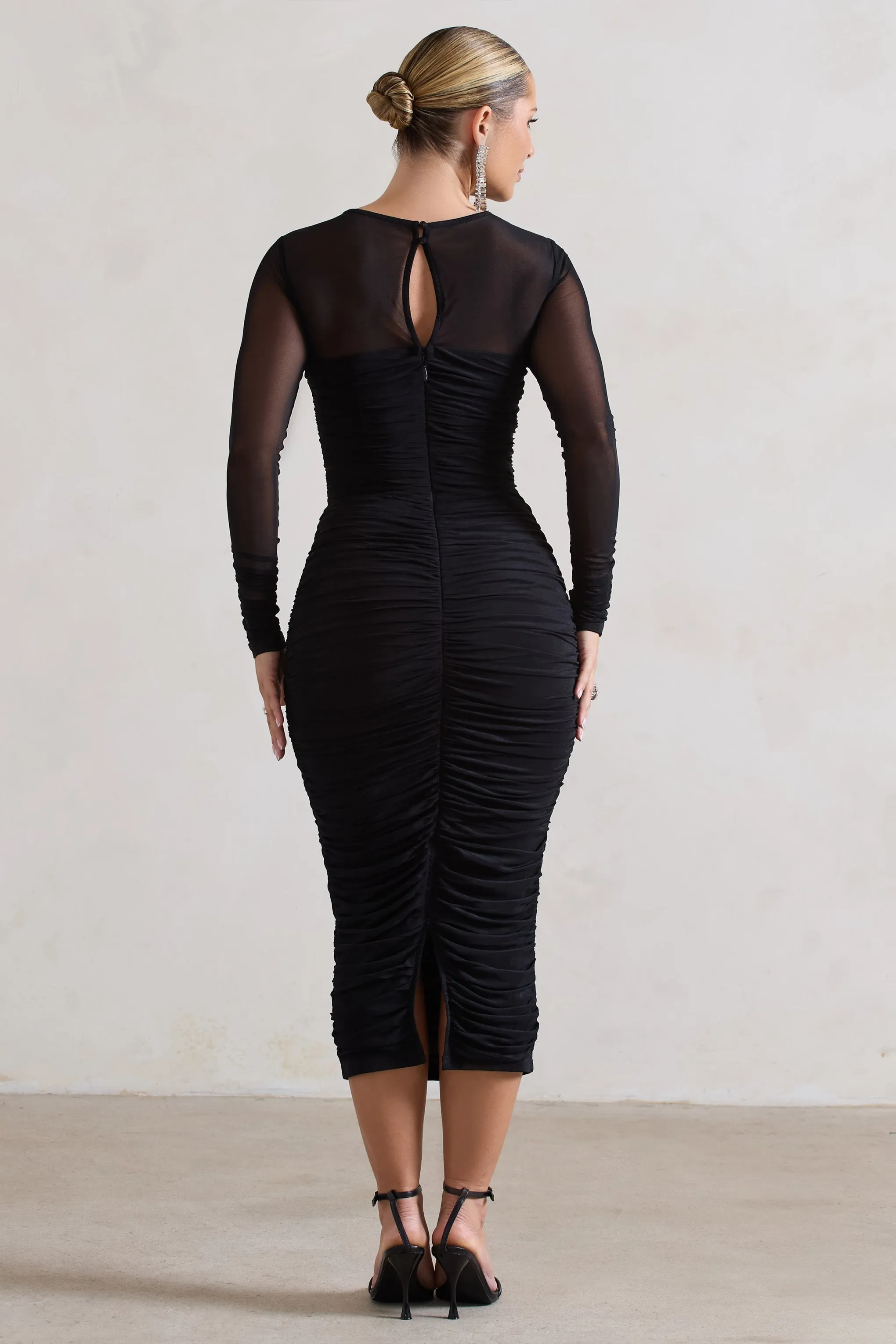 Mojito | Black Ruched Cut-Out Long-Sleeve Midi Dress