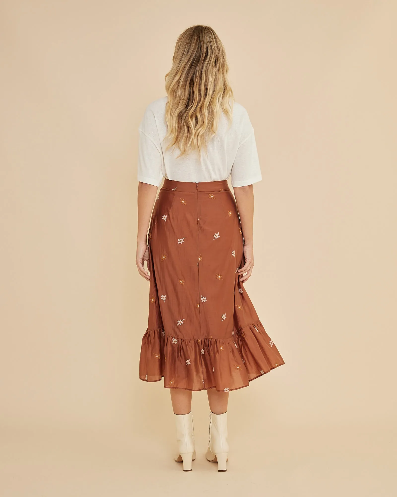 Monique Cross Stitch Midi Skirt - Rust