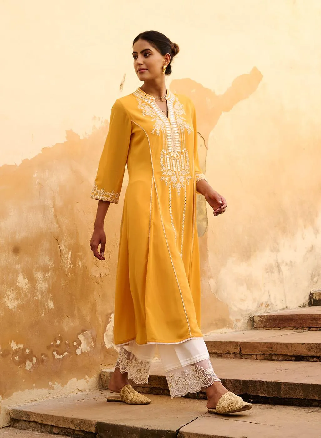 Mustard Embroidered Flared Kurta