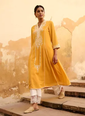 Mustard Embroidered Flared Kurta