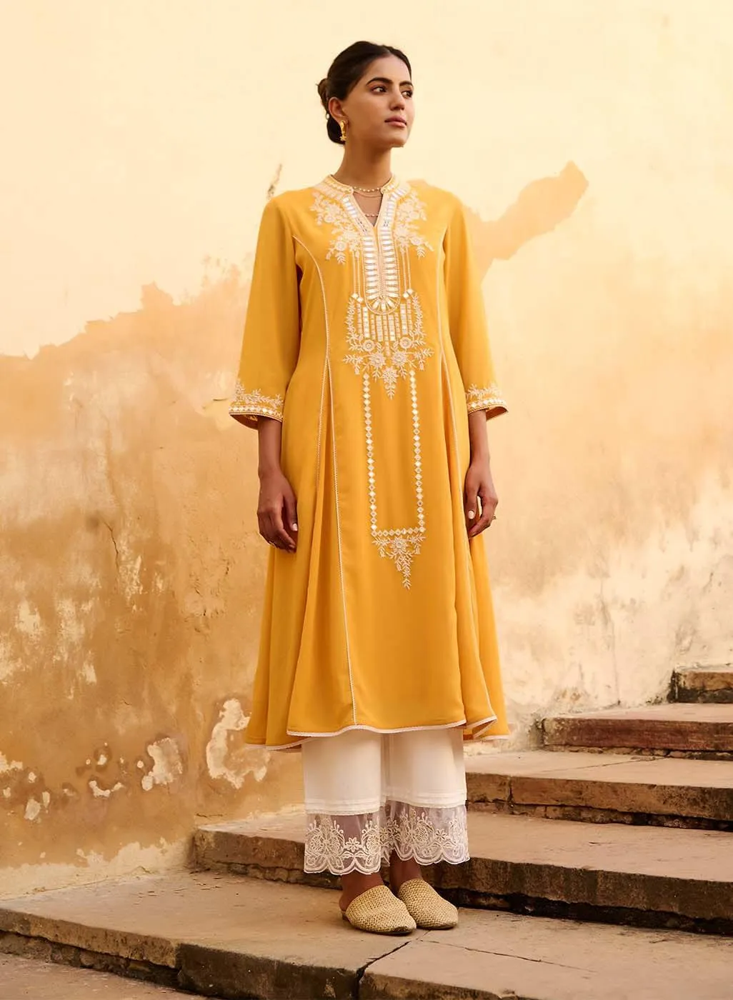 Mustard Embroidered Flared Kurta