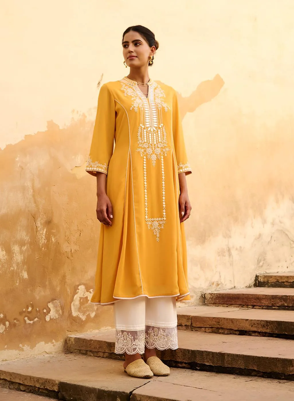 Mustard Embroidered Flared Kurta