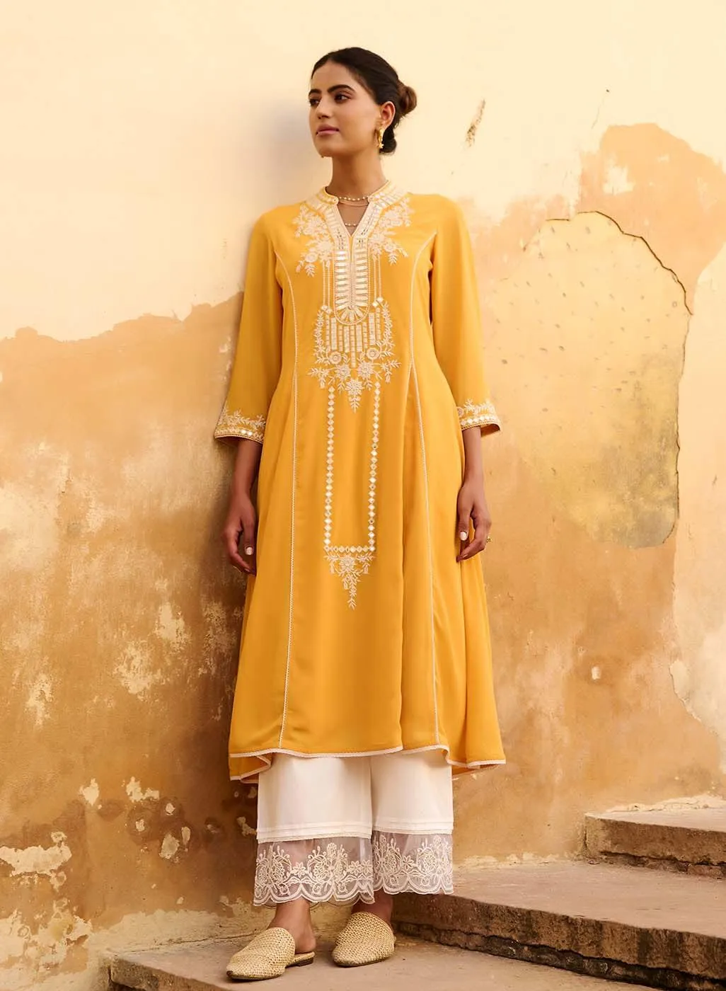 Mustard Embroidered Flared Kurta