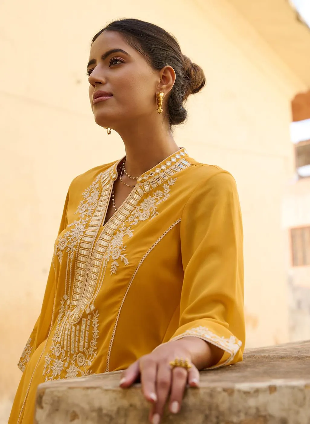 Mustard Embroidered Flared Kurta