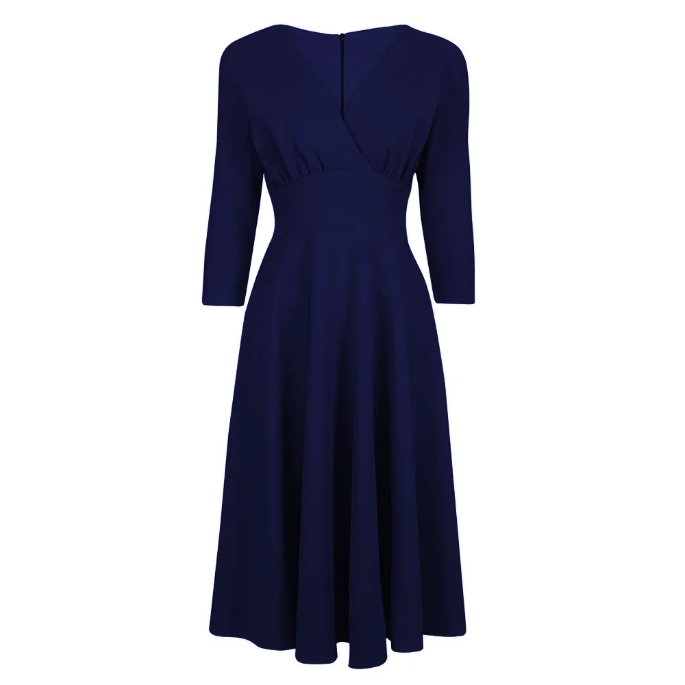 Navy Blue Vintage A Line Crossover 3/4 Sleeve Tea Swing Dress