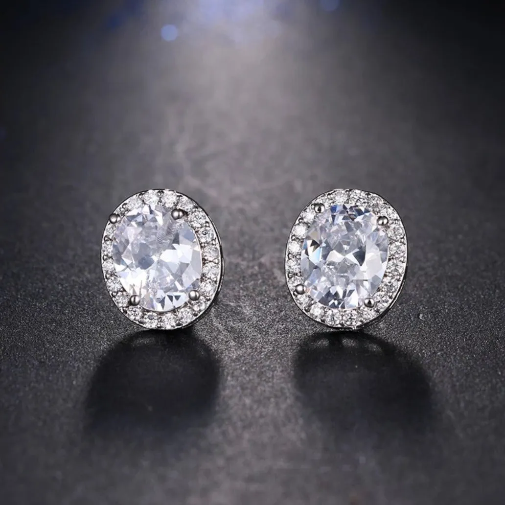 Oval CZ Crystal Zircon Solitaire Stud Earring