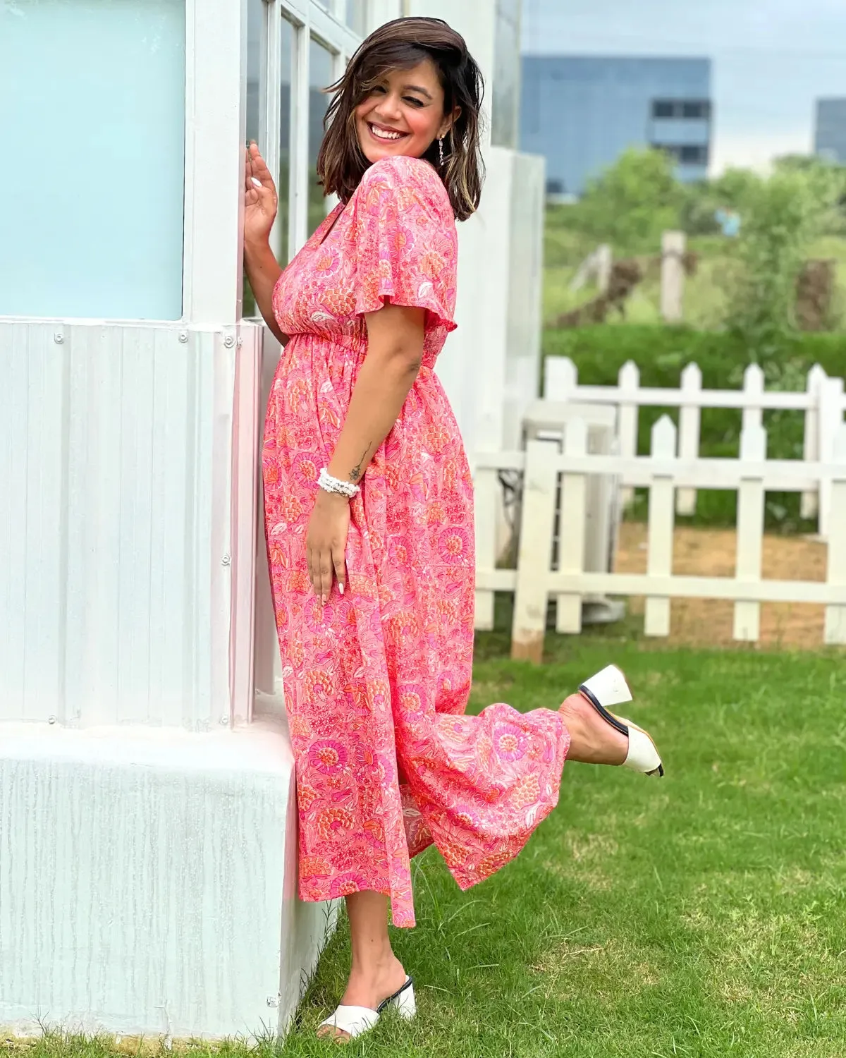 Peach Flared Sleeves Dress