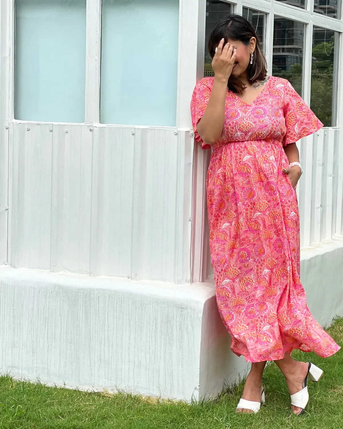 Peach Flared Sleeves Dress