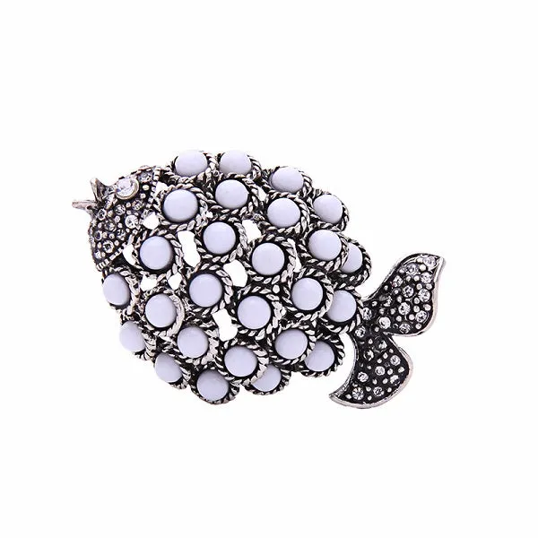 Pearl Antique Silver Fish  Brooch