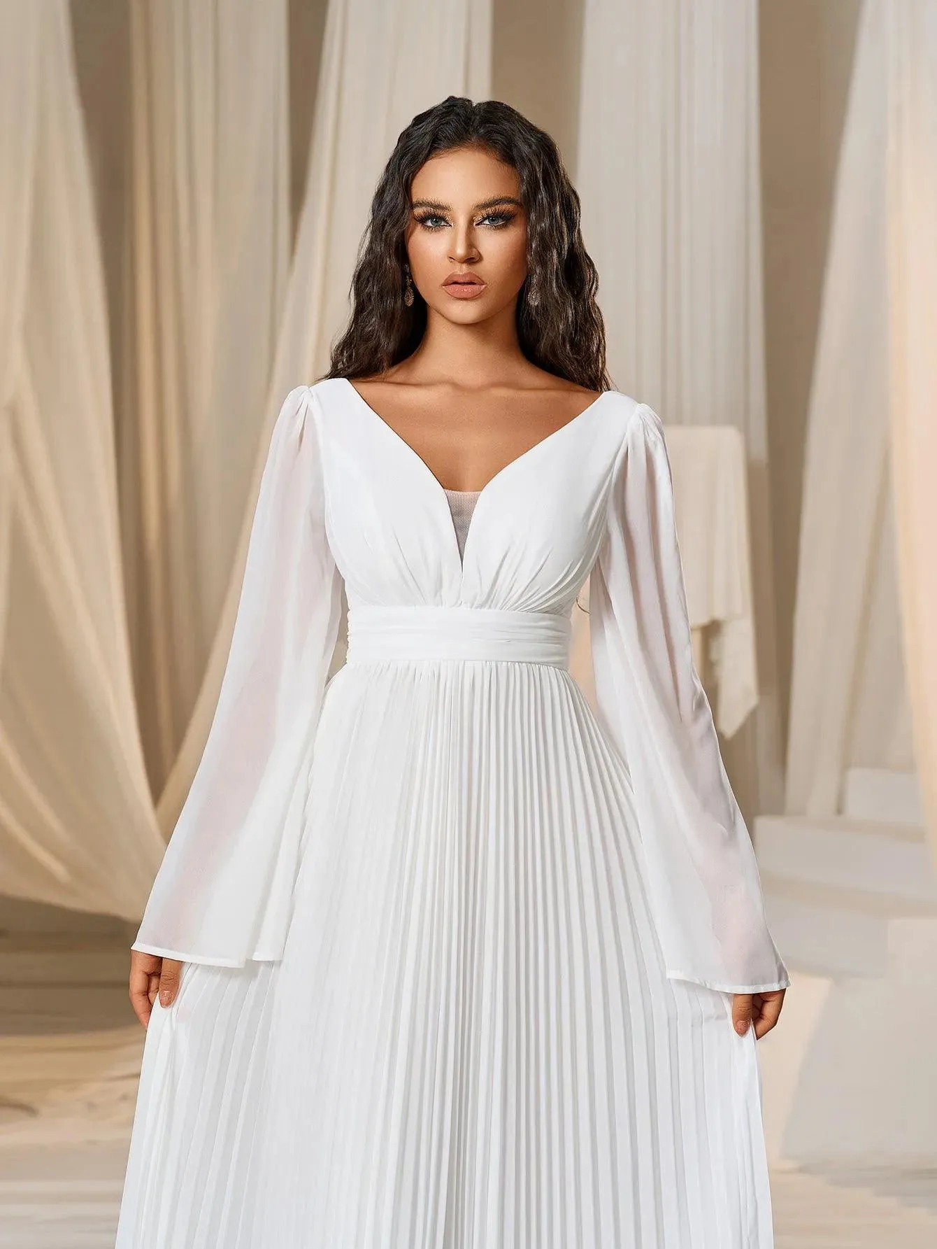 Plunging Neck Flared Sleeves Pleated Chiffon Dresses