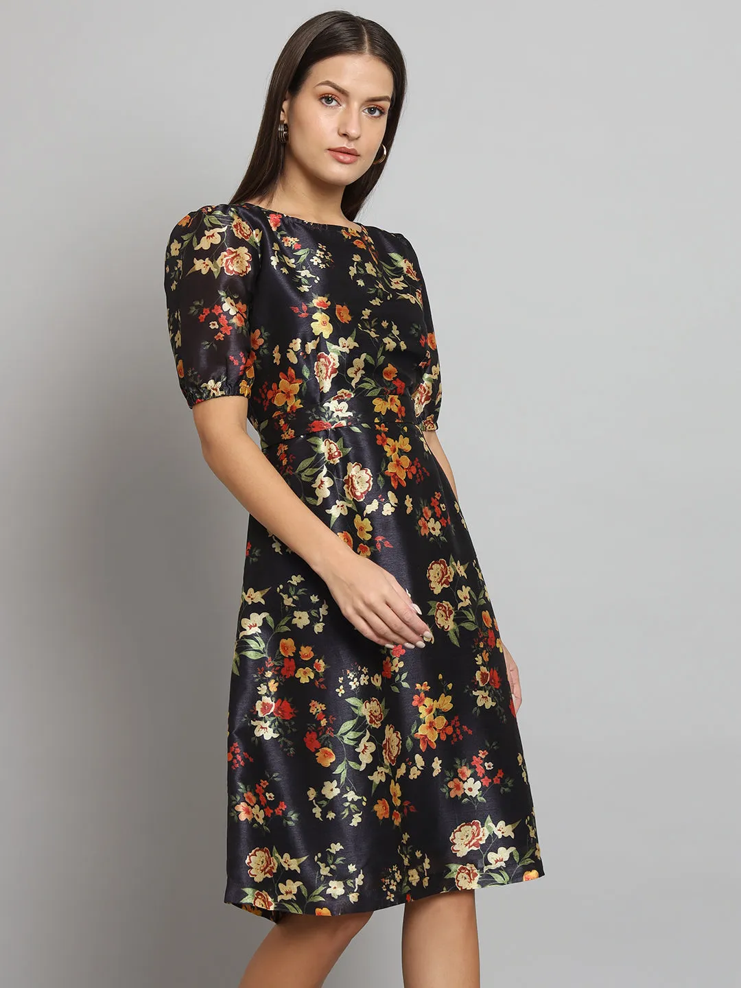 Printed Silk A-Line dress- Black