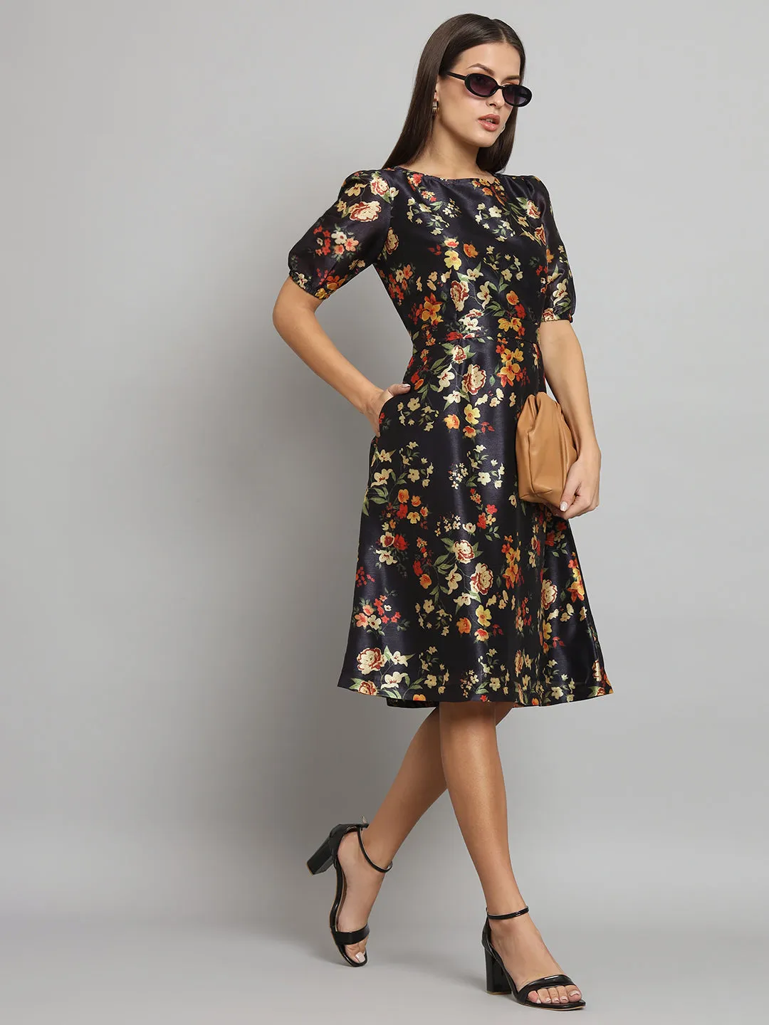 Printed Silk A-Line dress- Black