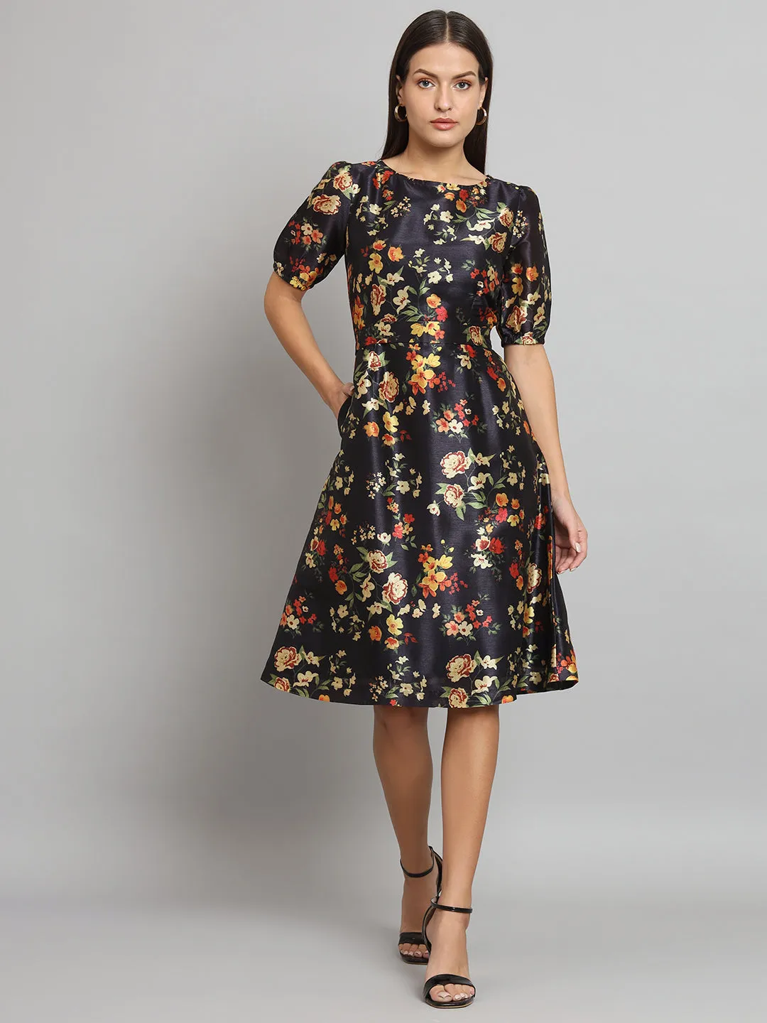 Printed Silk A-Line dress- Black