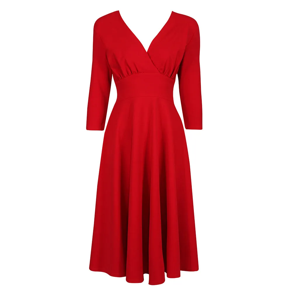 Red Vintage A Line Crossover 3/4 Sleeve Tea Swing Dress