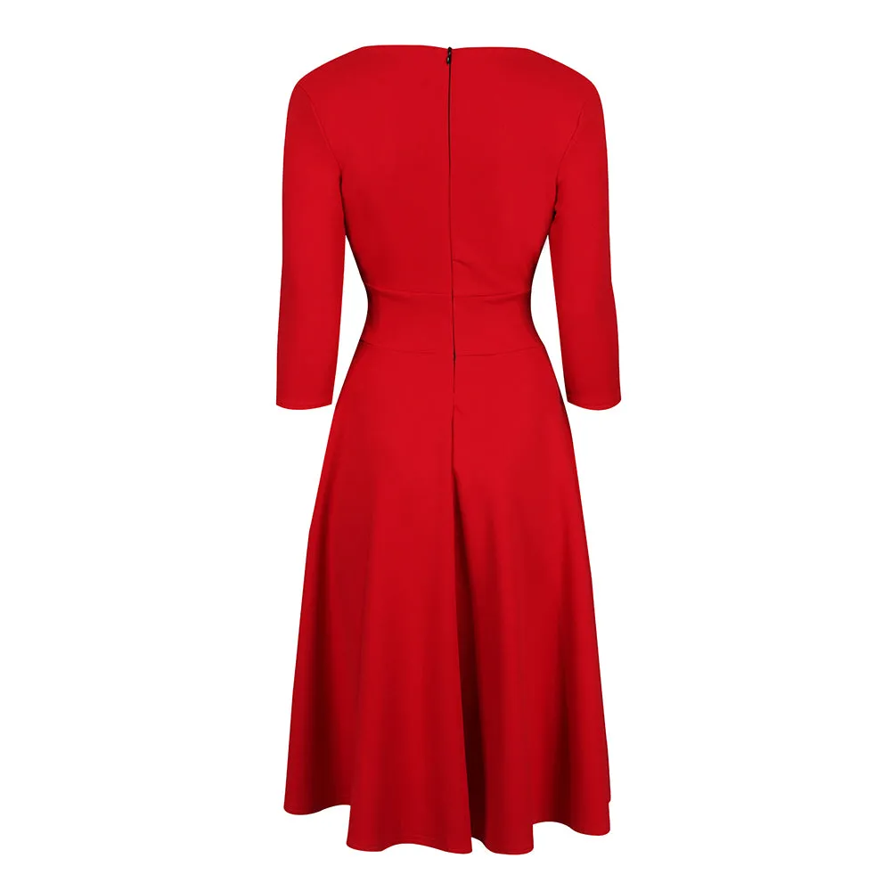 Red Vintage A Line Crossover 3/4 Sleeve Tea Swing Dress